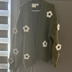 Anthropologie Green Cardigan with White Floral Accents